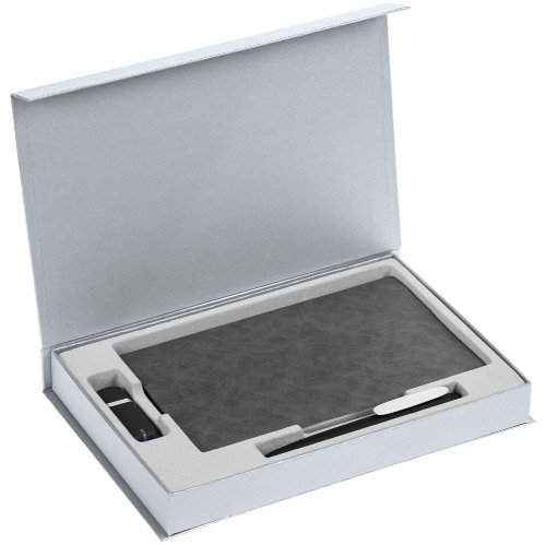 Коробка Silk с ложементом под ежедневник 13x21 см, флешку и ручку, серебристая