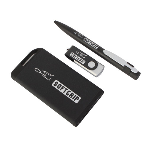 Набор ручка + флеш-карта 8Гб + зарядное устройство 4000 mAh в футляре, покрытие softgrip, черный с серебристым