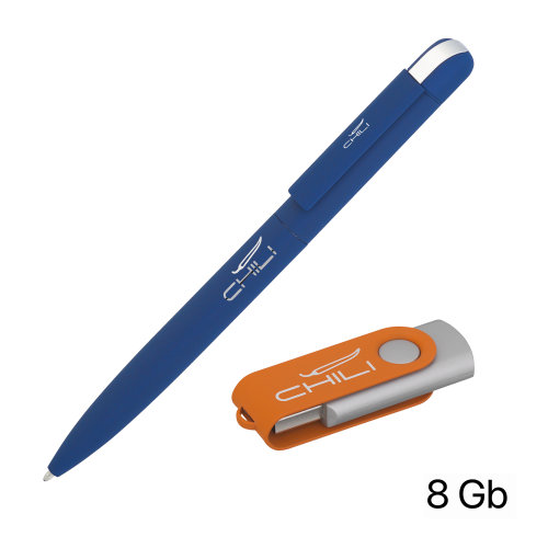 Набор ручка + флеш-карта 8 Гб в футляре, покрытие soft touch, темно-синий с оранжевым