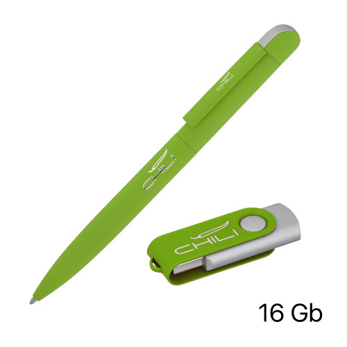 Набор ручка + флеш-карта 16 Гб в футляре, покрытие soft touch, зеленое яблоко