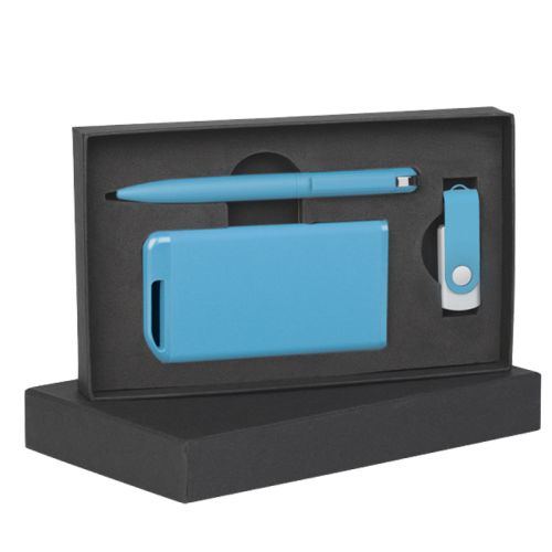 Набор ручка + флеш-карта 16Гб + зарядное устройство 4000 mAh в футляре покрытие soft touch, голубой