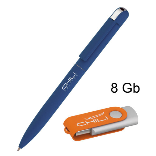 Набор ручка + флеш-карта 8 Гб в футляре, покрытие soft touch, темно-синий с оранжевым