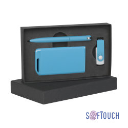 Набор ручка + флеш-карта 8Гб + зарядное устройство 4000 mAh в футляре, soft touch, голубой