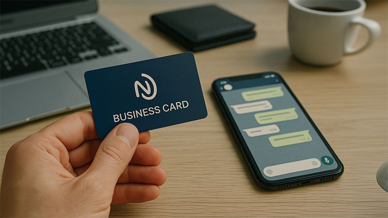 NFC-визитка в руке рядом со смартфоном