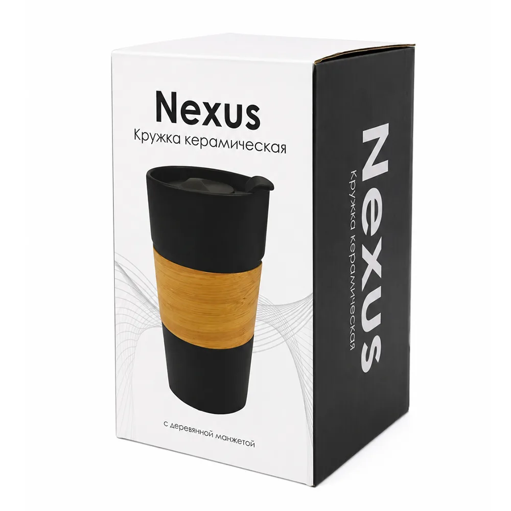 Кружка керамическая с деревянной манжетой Nexus, чёрная