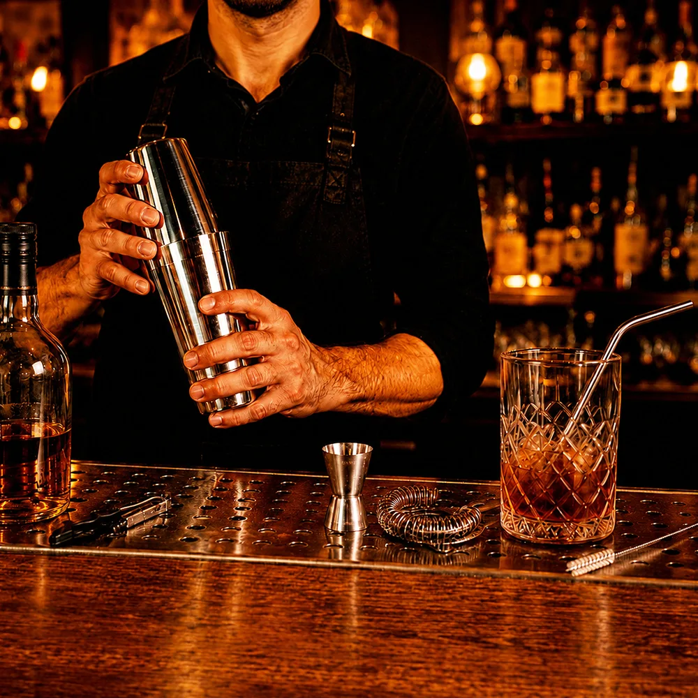 Набор Cocktail с изогнутой трубочкой и ершиком, серебристый
