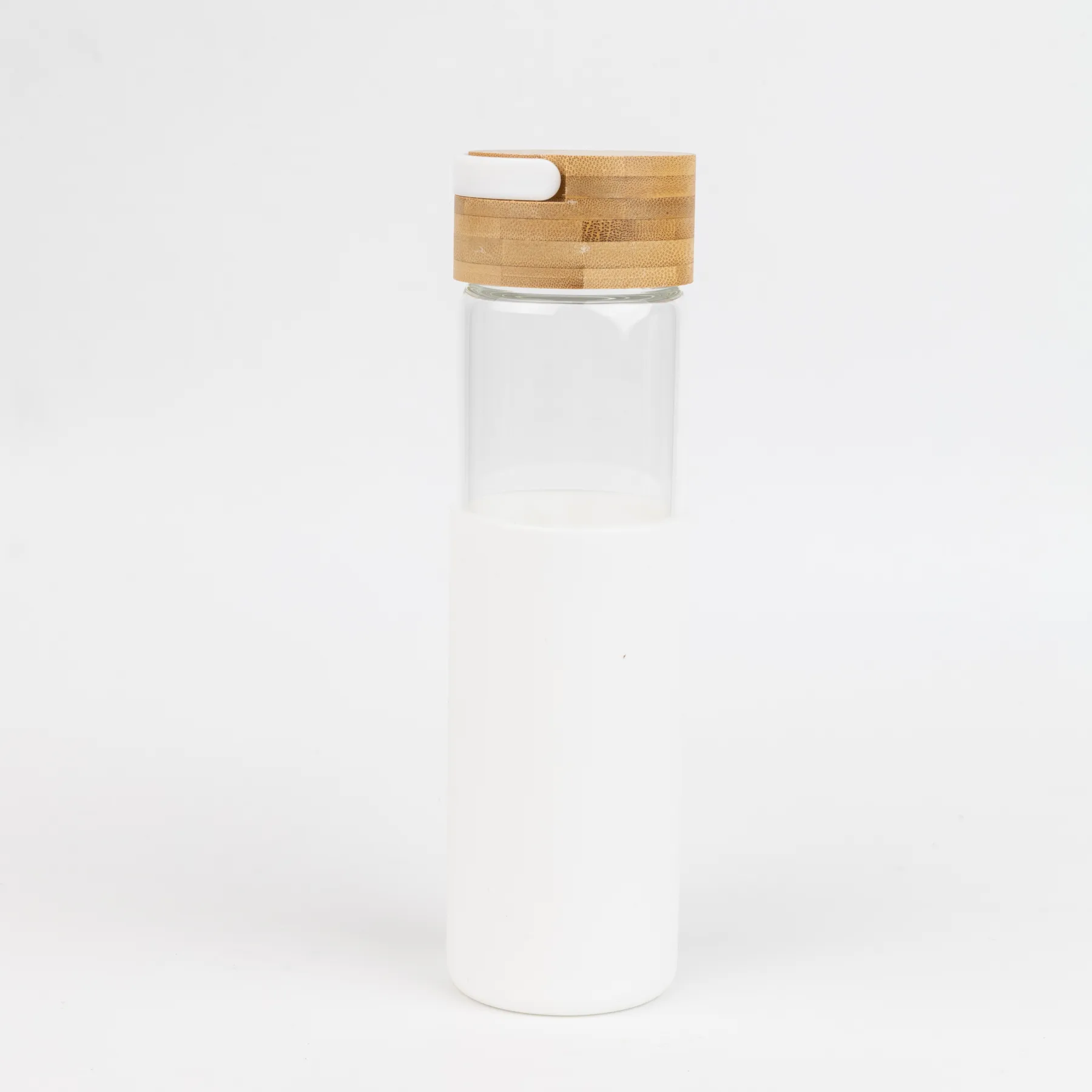 Бутылка стеклянная с силиконовой манжетой и бамбуковой крышкой Glass, белая