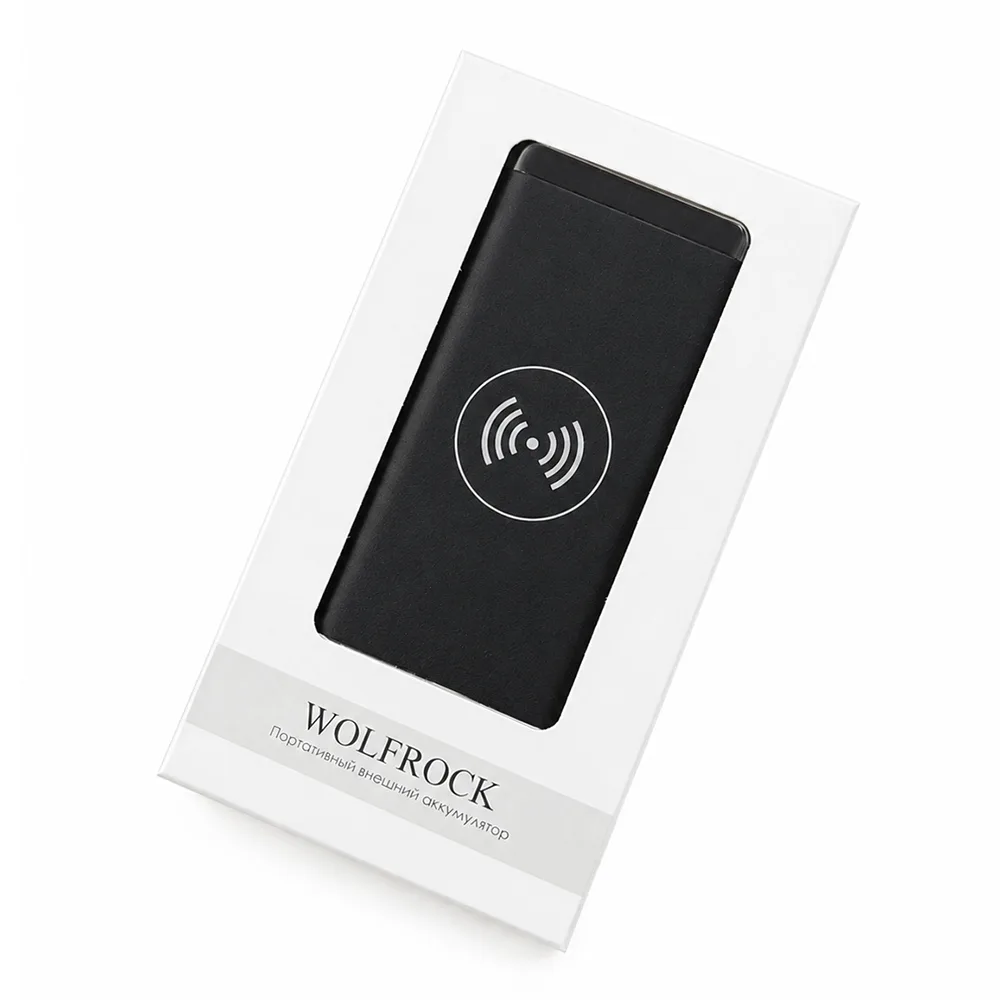 Внешний аккумулятор Wolfrock с беспроводной зарядкой soft-touch покрытием, 10000 mAh, черный