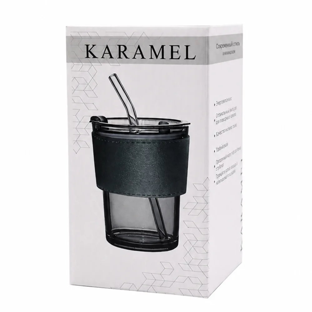 Стакан стеклянный с трубочкой и капхолдером Karamel, бордовый.