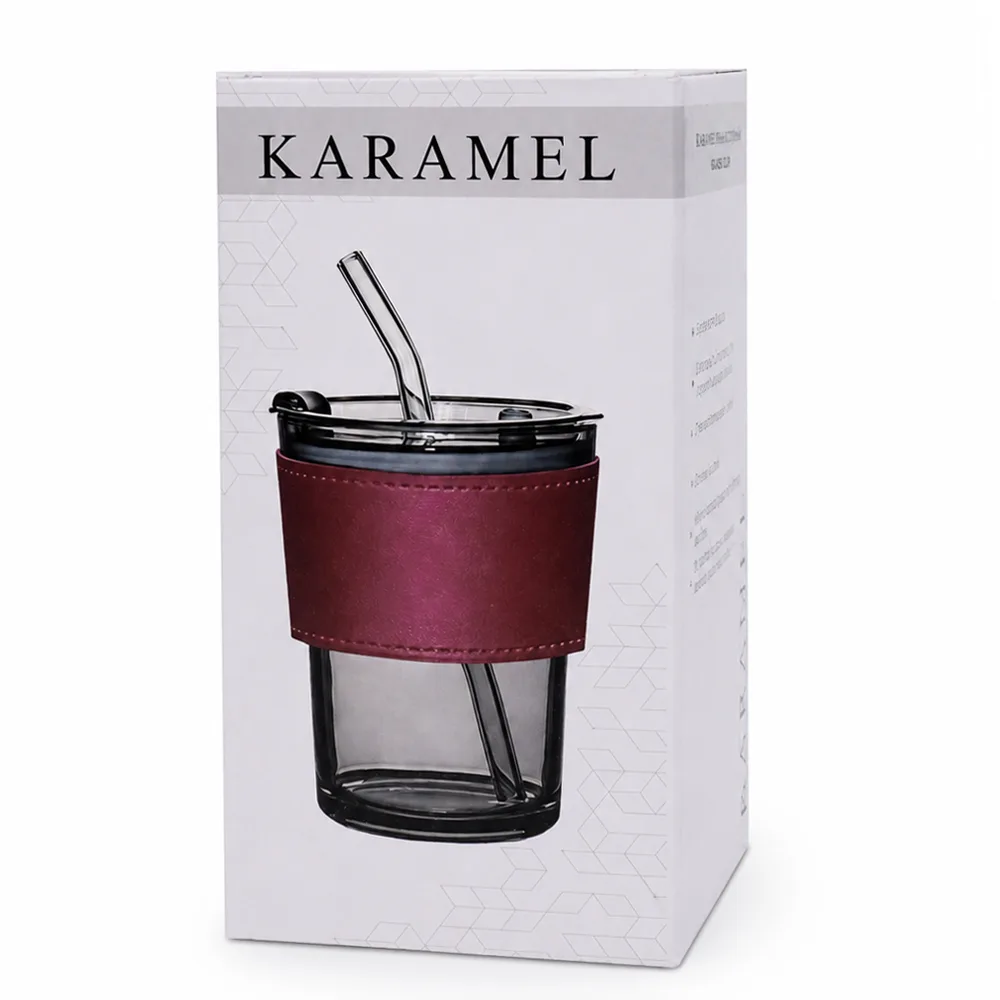Стакан стеклянный с трубочкой и капхолдером Karamel, бордовый