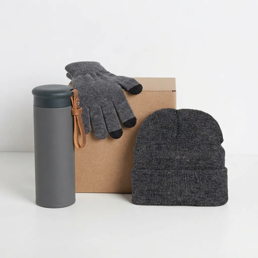 Набор подарочный GET WARM-2: перчатки, шапка, термос, серый меланж