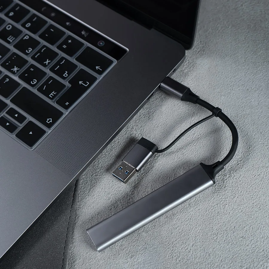 USB-хаб BRANCH 4 в 1, серый, алюминий, серый