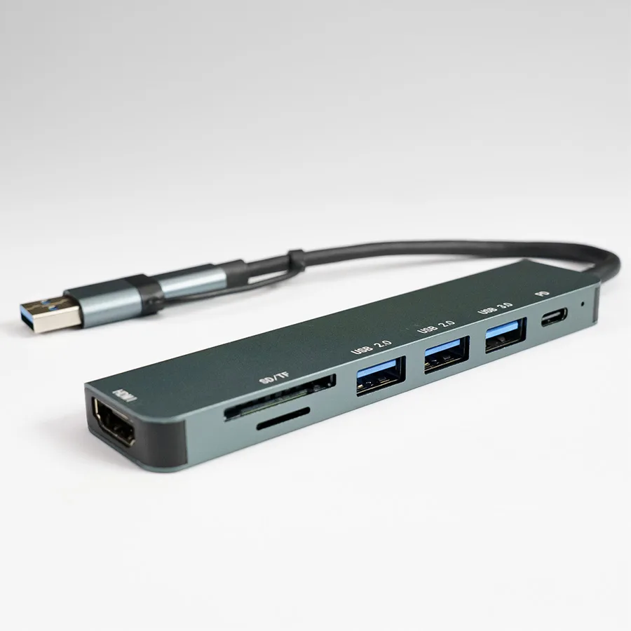 USB-хаб STEM 7 в 1, серый, алюминий, серый