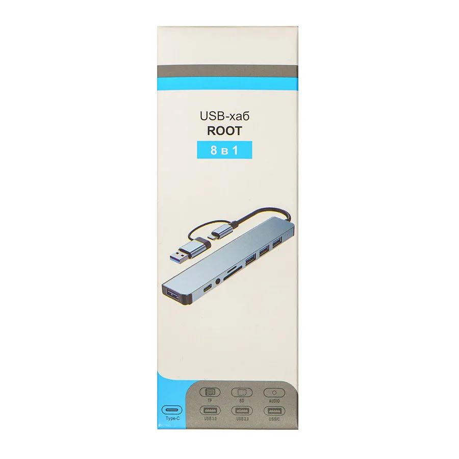 USB-хаб ROOT 8 в 1, серый, алюминий, серый
