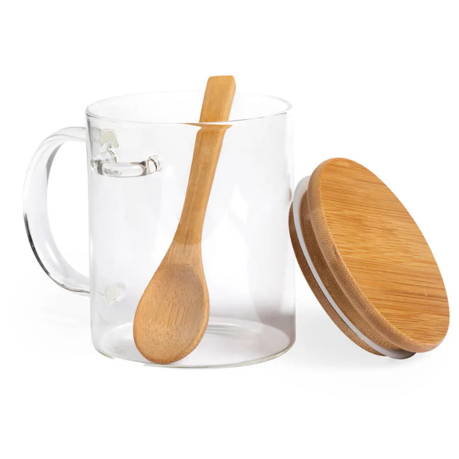 Кружка KIPAL, боросиликатное стекло, бамбук, прозрачный
