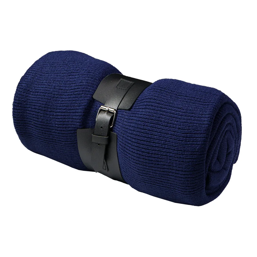 Плед  "Belt"; белый; 130 х 180 см; 100% акрил, с поясом, темно-синий