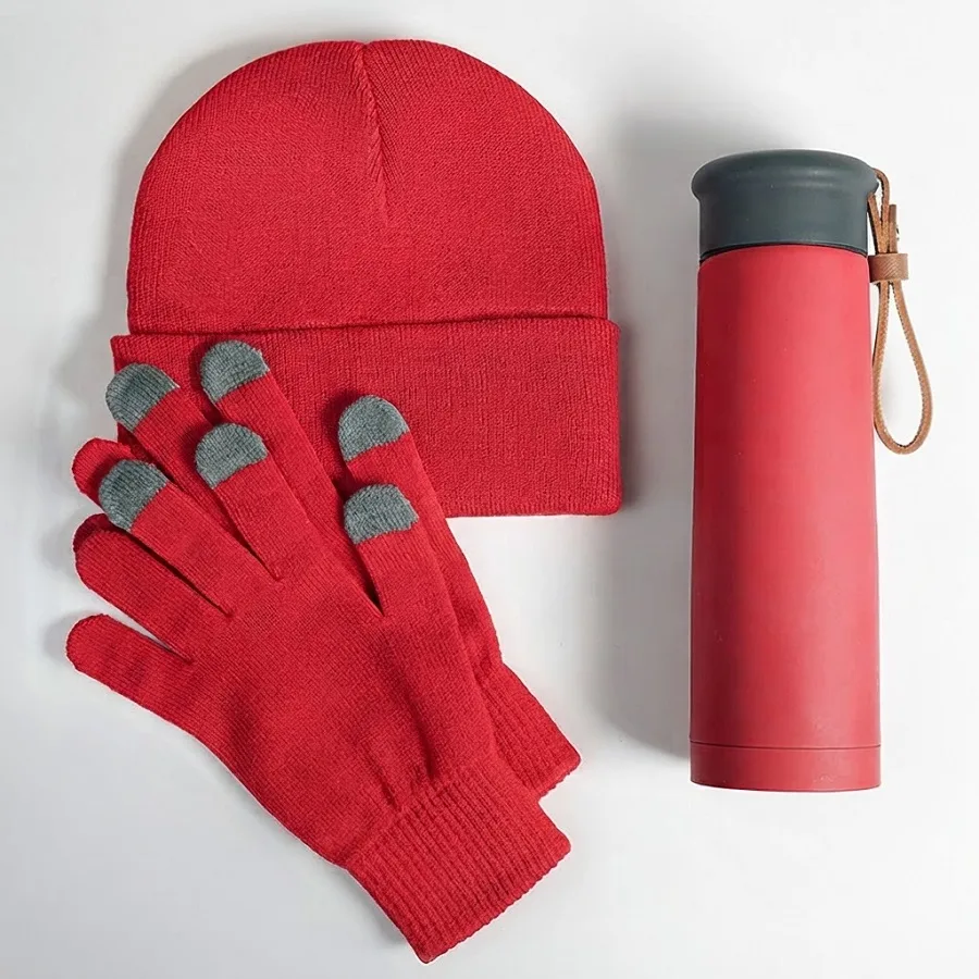 Набор подарочный GET WARM-2: перчатки, шапка, термос, красный