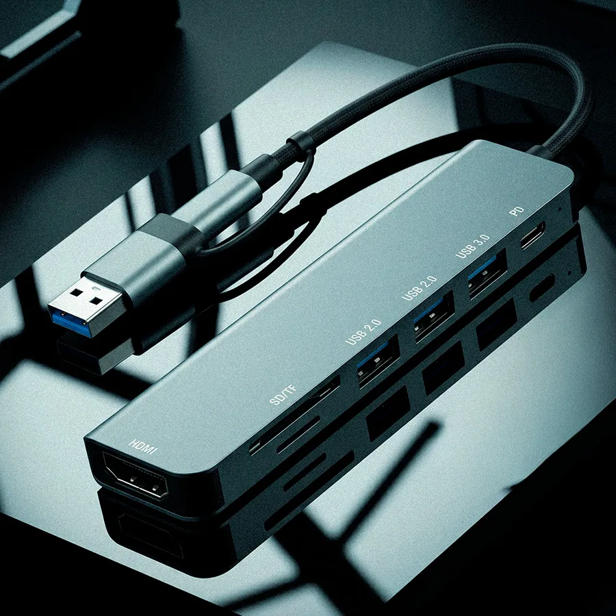 USB-хаб STEM 7 в 1, серый, алюминий, серый