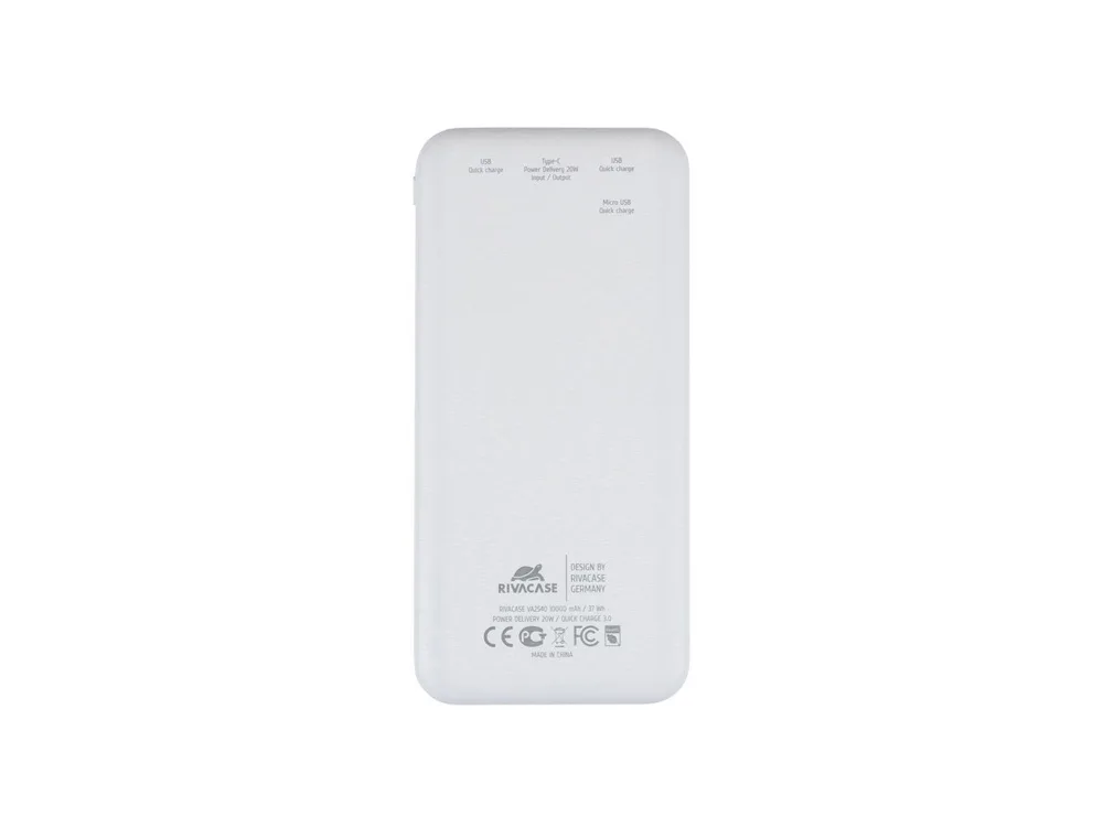 RIVACASE VA2540 (10 000mAh), QC/PD 20W внешний аккумулятор с дисплеем, белый 12/48