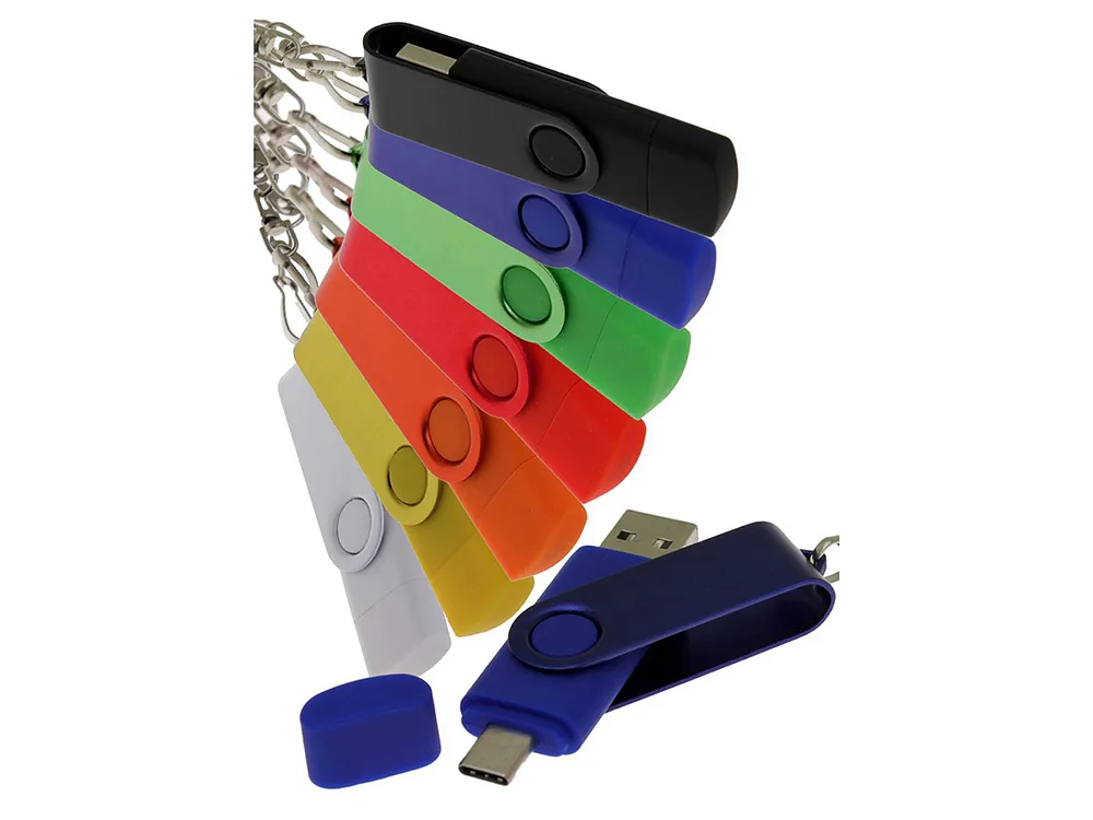 USB-флешка на 64 Гб 2 в 1 поворотный механизм, c дополнительным разъемом Type-C с одноцветным металлическим клипом, черный
