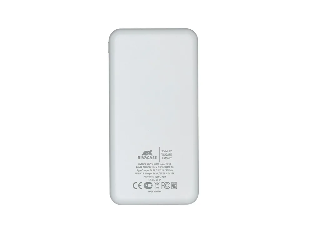 RIVACASE VA2532 (10000 мАч) QC/PD 20W внешний аккумулятор с дисплеем, белый 12/48