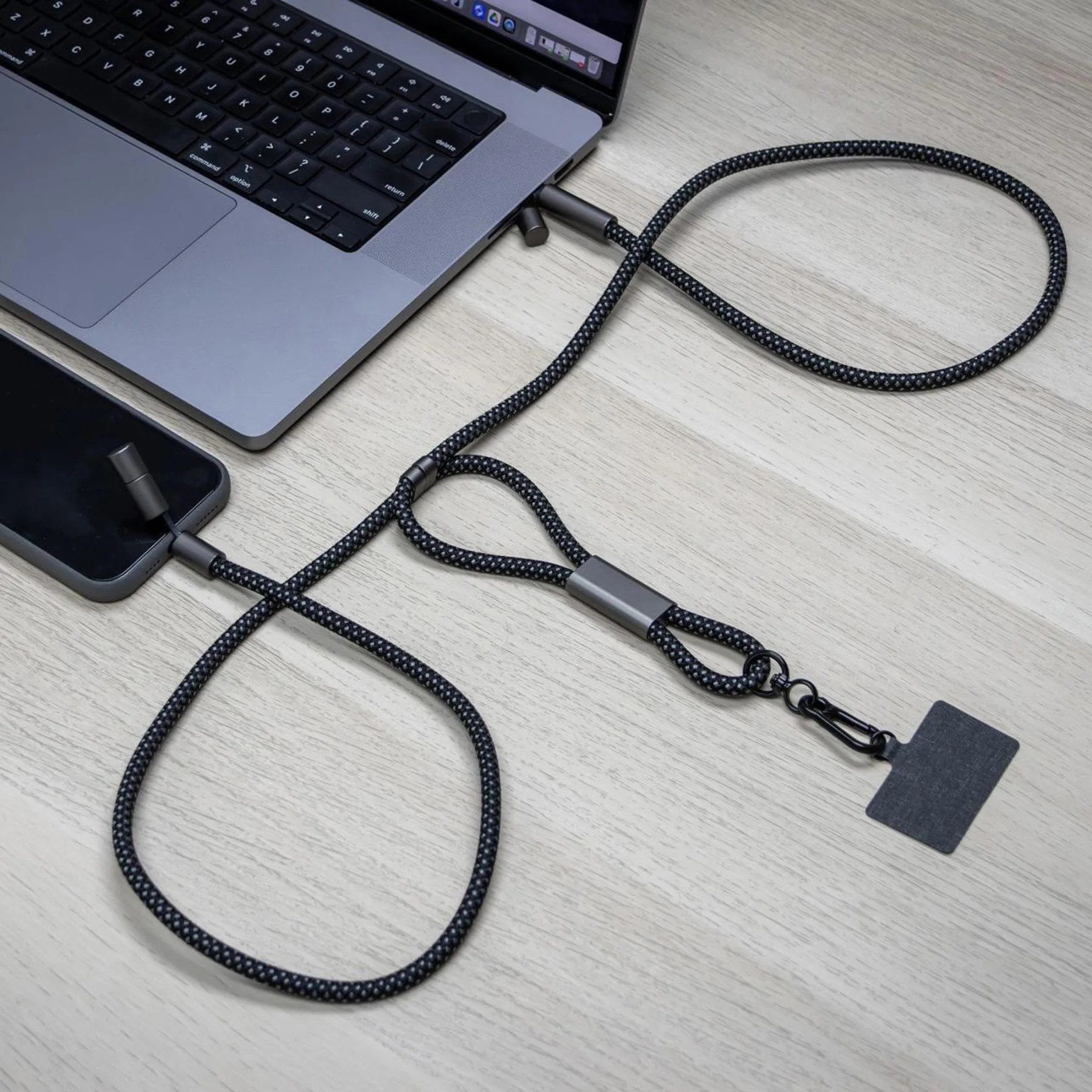 Шнурок-держатель для телефона с зарядным кабелем USB-C на USB-C/Lightning «Lany Eco Charge», серый