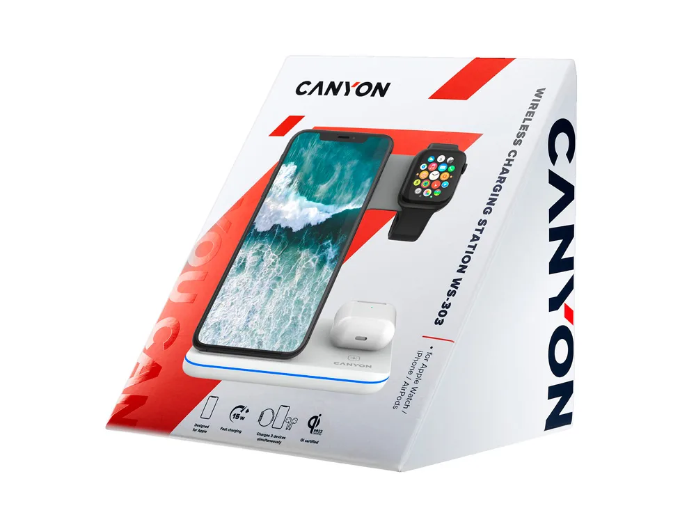 Беспроводное зарядное устройство для гаджетов "3-в-1" с технологией QI Canyon WS-303 (CNS-WCS303W), 15W, белый