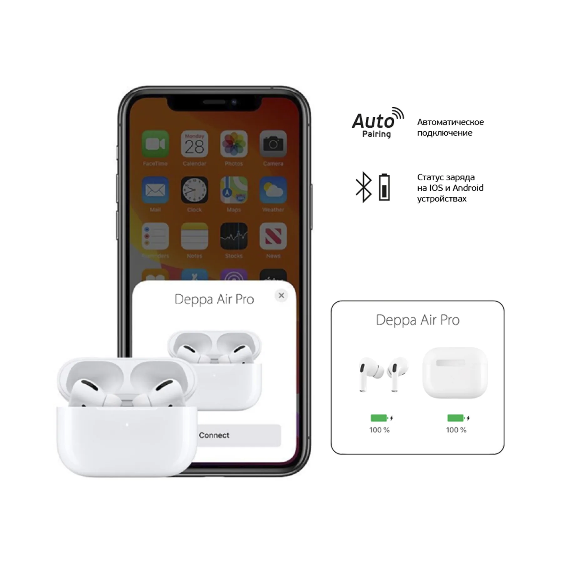 Беспроводные наушники с микрофоном Air Pro 2, TWS, BT 5.3, 300 мАч, QI, белый, Deppa