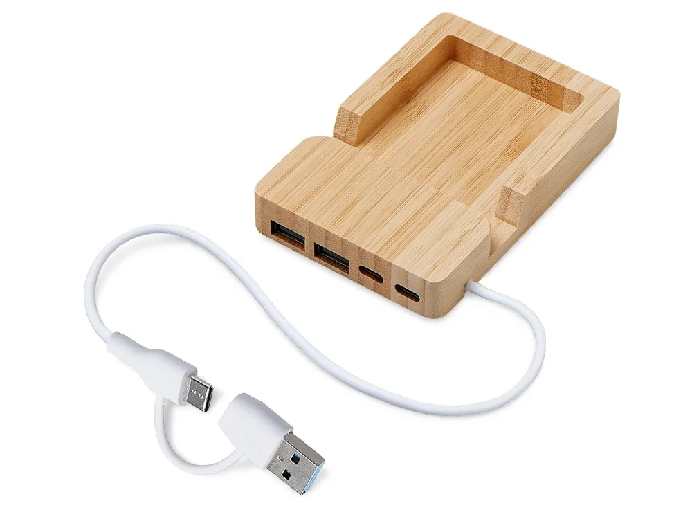 USB хаб «Memo», 2*USB, 2*Type C, бамбук