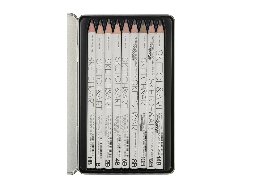 Набор чернографитовых карандашей  "Sketch & Art"  утолщенные,9 шт. hb-14b,  металлическая коробка с ложементом
