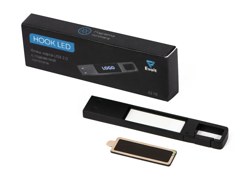 USB 2.0- флешка на 32 Гб c подсветкой логотипа «Hook LED», темно-серый, синяя подсветка