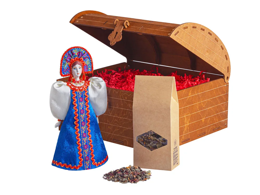 Подарочный набор: кукла фарфоровая, чай "Малина с мятой", синий