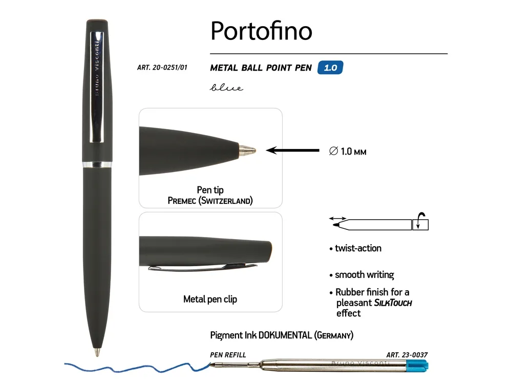 Ручка металлическая шариковая "Portofino", софт-тач, 1.0 мм, черный
