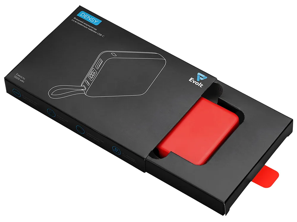 Внешний аккумулятор со встроенным кабелем USB-C «Дэнси», 5000 мАч, красный