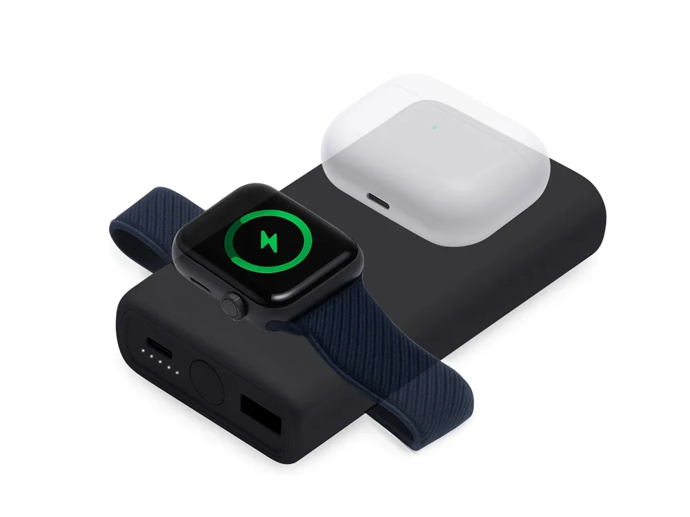 Внешний беспроводной аккумулятор 2-в-1 с функцией зарядки Apple Watch, QC/PD «AtomIQ», 10000 мАч, черный