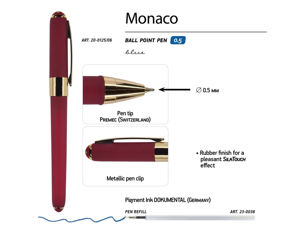 Ручка пластиковая шариковая «Monaco», 0,5мм, синие чернила, бордовый