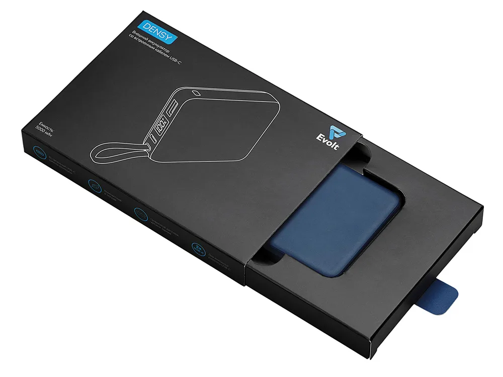 Внешний аккумулятор со встроенным кабелем USB-C «Дэнси», 5000 мАч, темно-синий