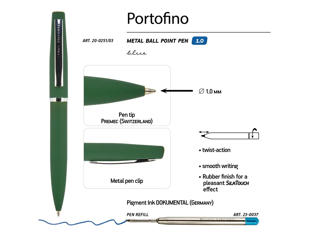Ручка металлическая шариковая "Portofino", софт-тач, 1.0 мм, зеленый