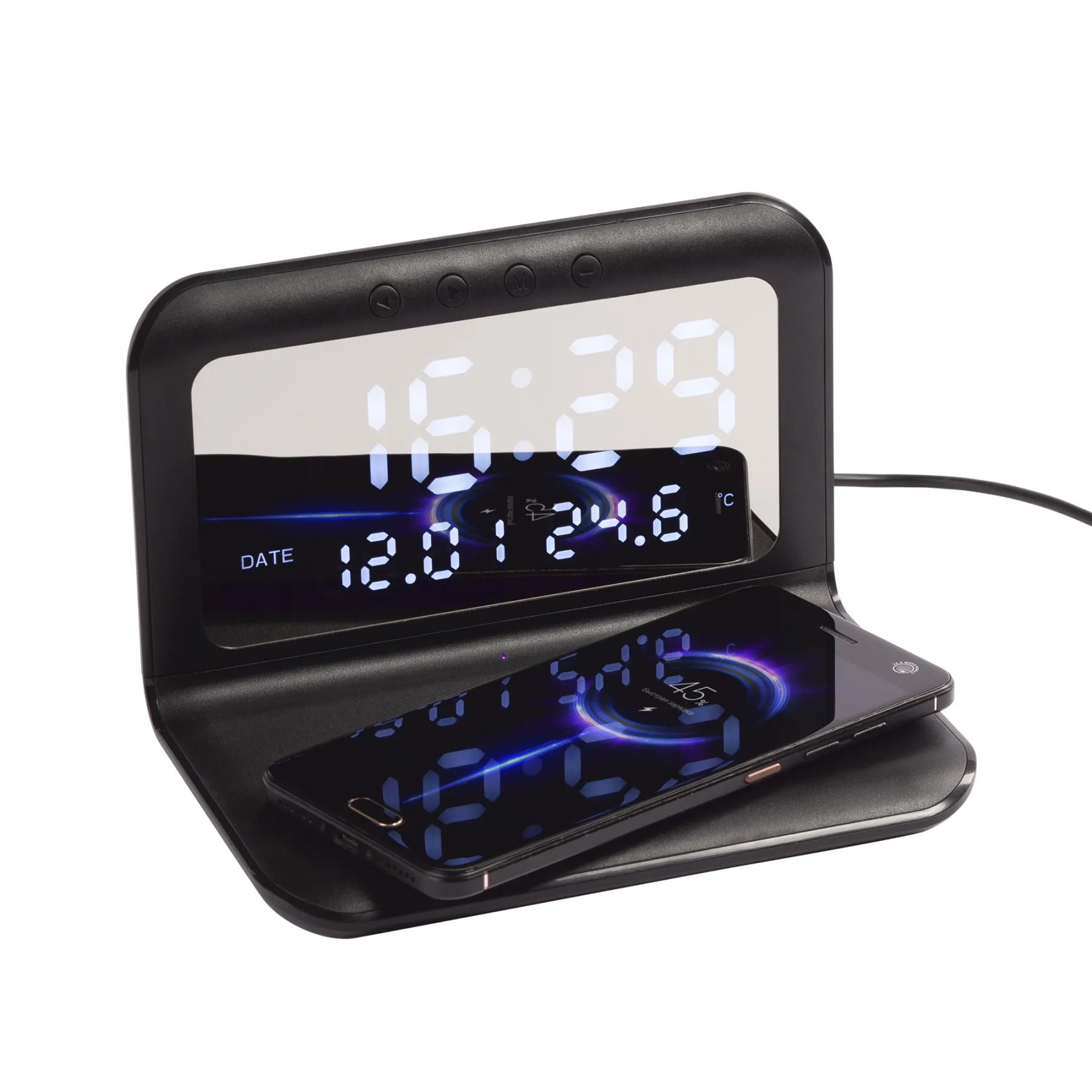 Настольные часы "Smart Time" с беспроводным (15W) зарядным устройством, будильником и термометром, со съёмным дисплеем, черный