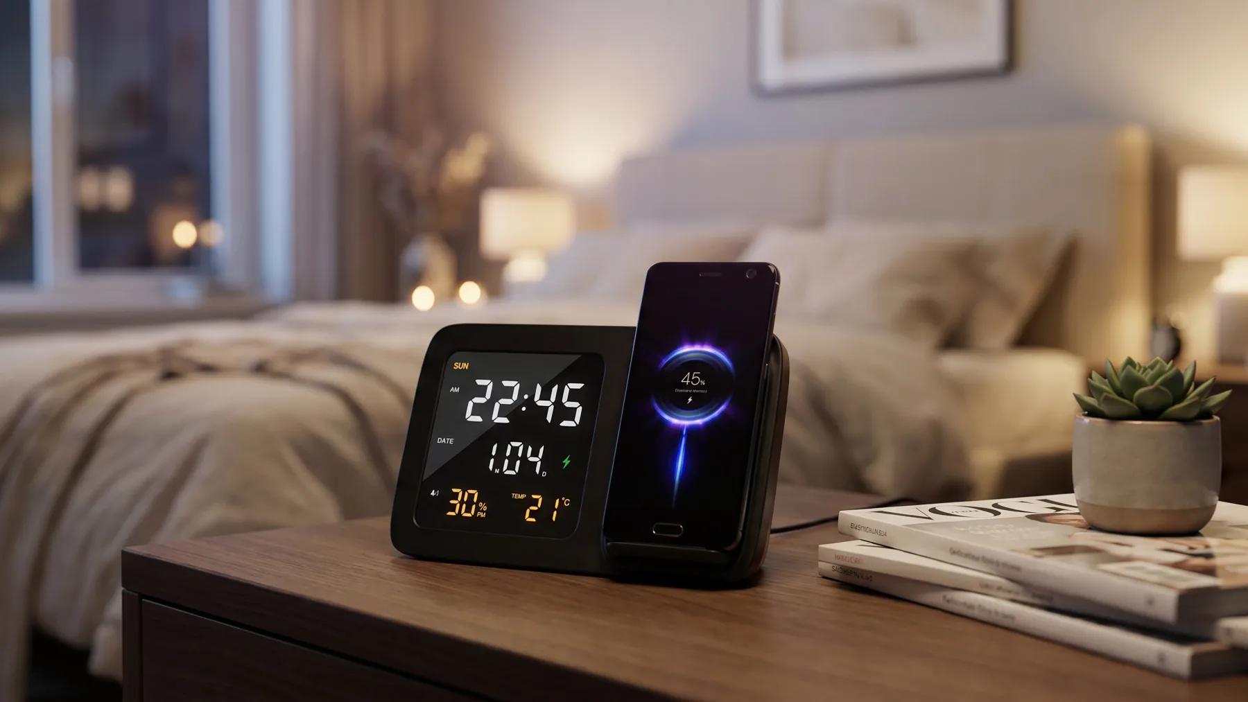 Настольные часы "Smart Screen" с беспроводным (15W) зарядным устройством, гигрометром, термометром, календарём, с подсветкой логотипа, черный