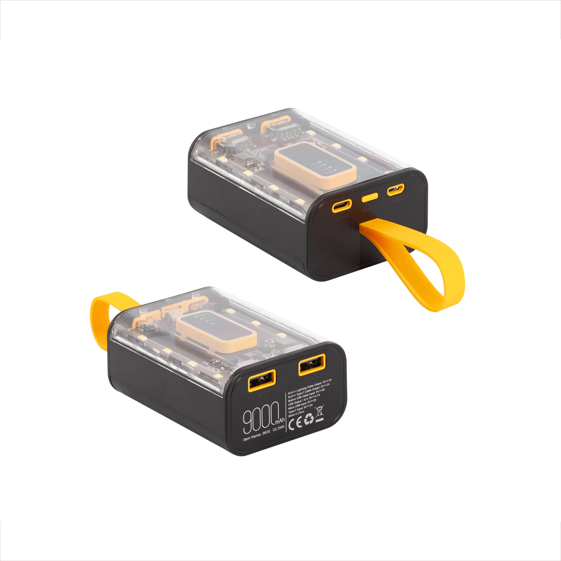 Зарядное устройство "Shine" 9000 mAh с LED-подсветкой, встроенными кабелями Type-C/Lightning/USB, черный с желтым