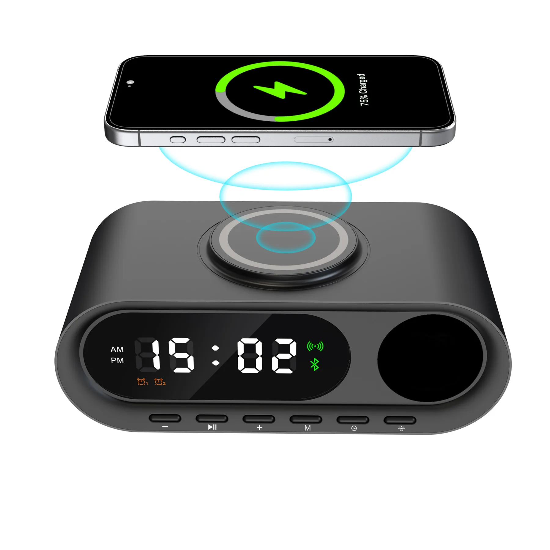 Настольные часы "Smart Hub" с bluetooth колонкой 5Вт, беспроводной (15W) зарядкой и подсветкой логотипа, черный
