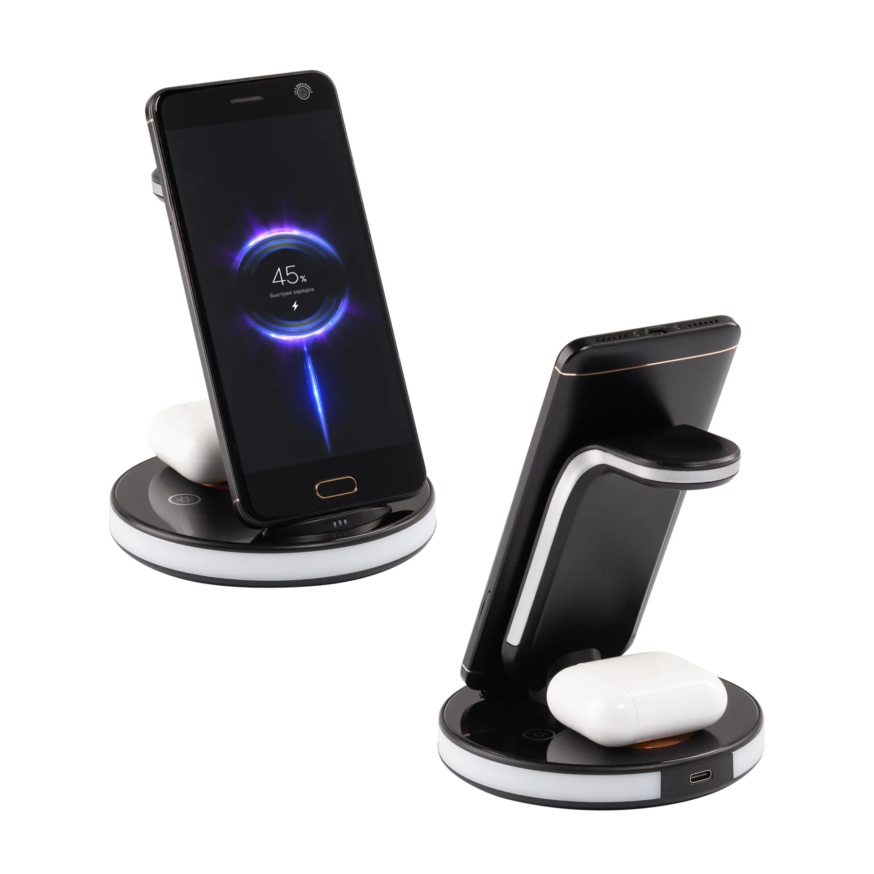 Беспроводная (15W) зарядная станция "Tron" с прозрачным корпусом и подсветкой, черный с серебристым
