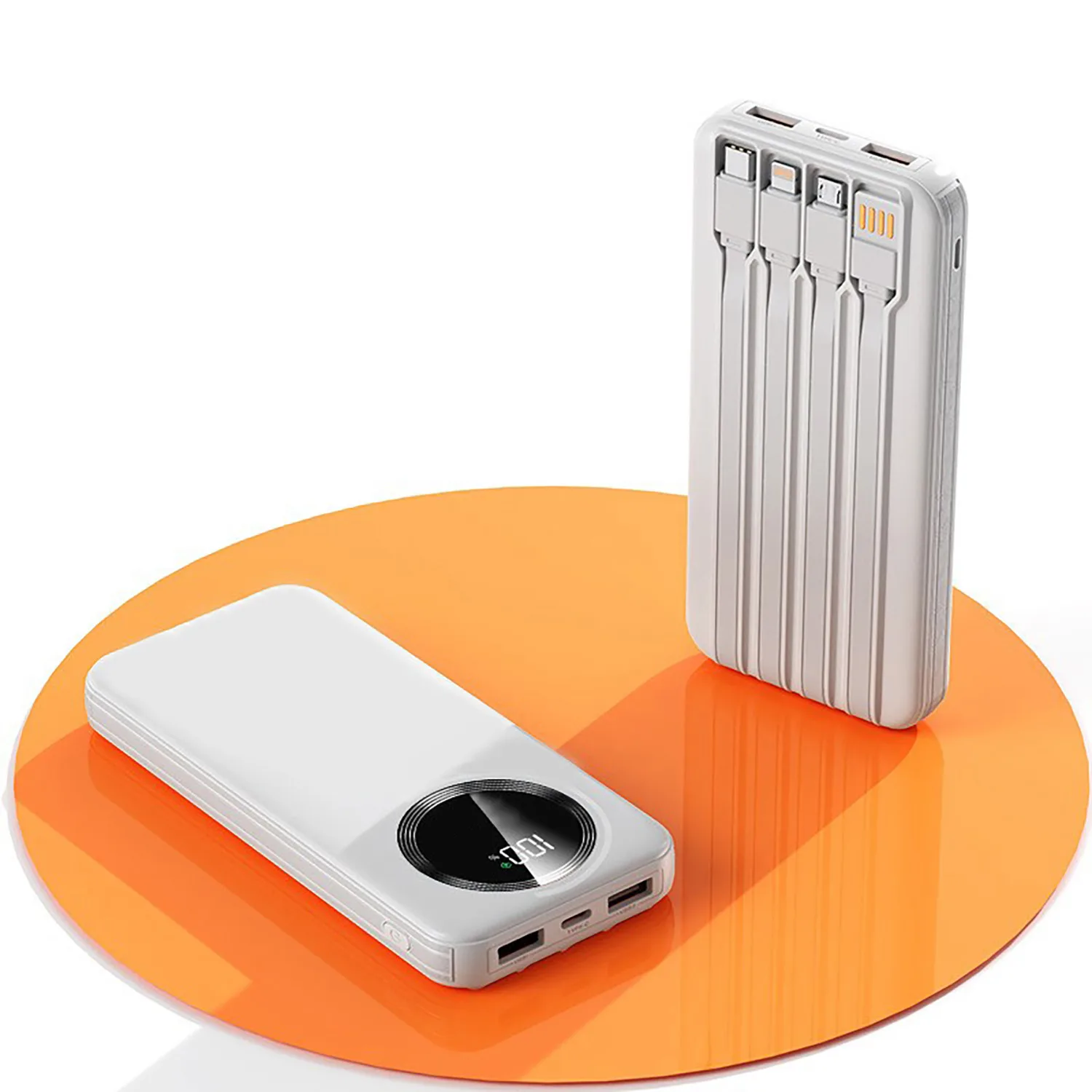 Зарядное устройство "Phantom" 10000 mAh с 4мя встроенными кабелями и цифровым индикатором заряда, белый