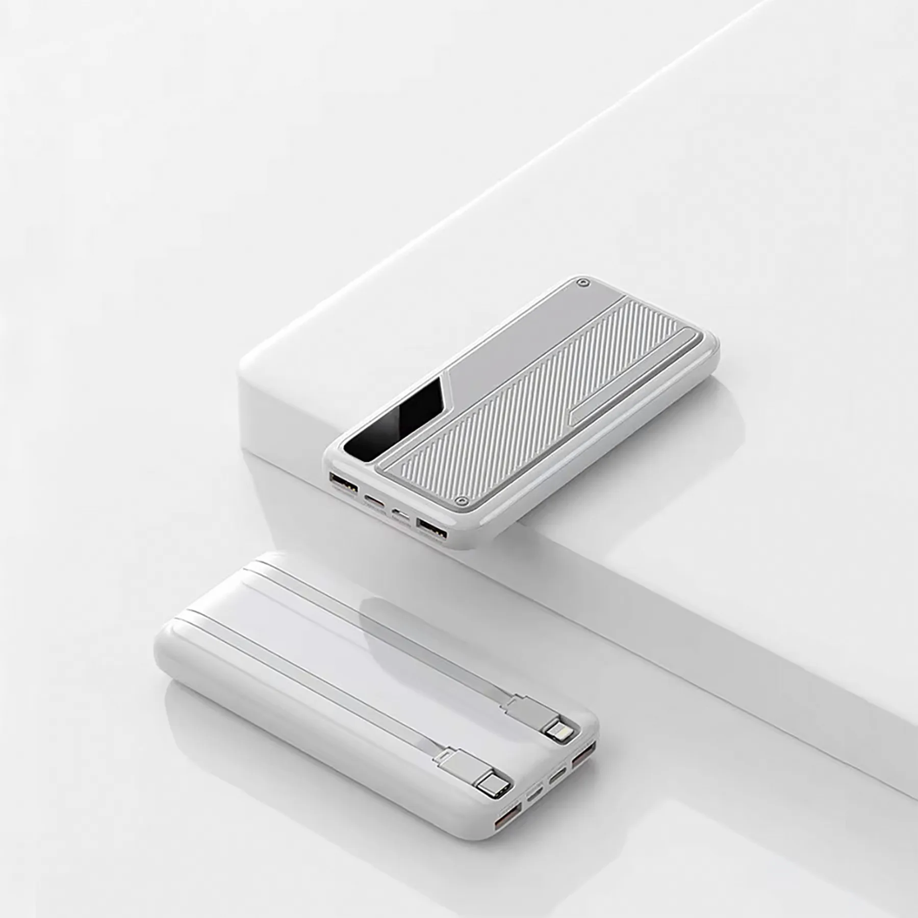 Зарядное устройство "Connect" 10000 mAh со встроенными Type-C/Lightning кабелями, белый с серым