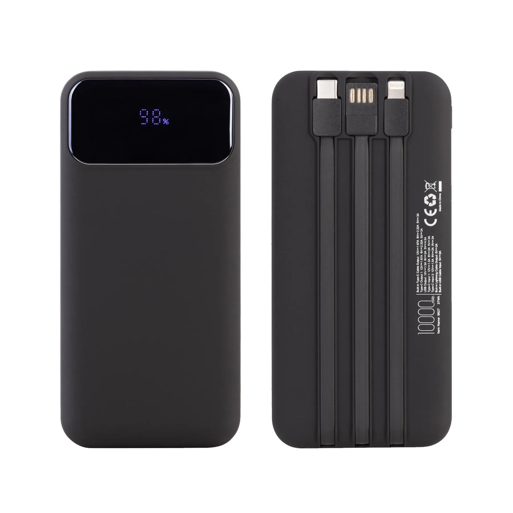 Зарядное (22.5W) устройство "Grade SOFTTOUCH" 10000 mAh с подсветкой логотипа, встроенными кабелями и цифровым индикатором заряда, черный