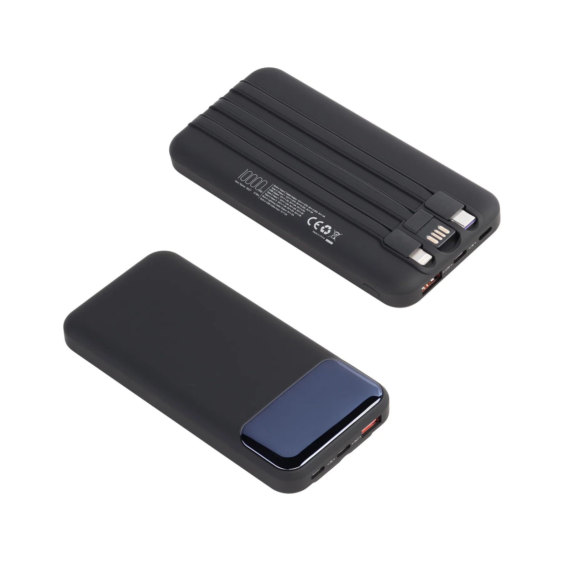 Зарядное (22.5W) устройство "Grade SOFTTOUCH" 10000 mAh с подсветкой логотипа, встроенными кабелями и цифровым индикатором заряда, черный