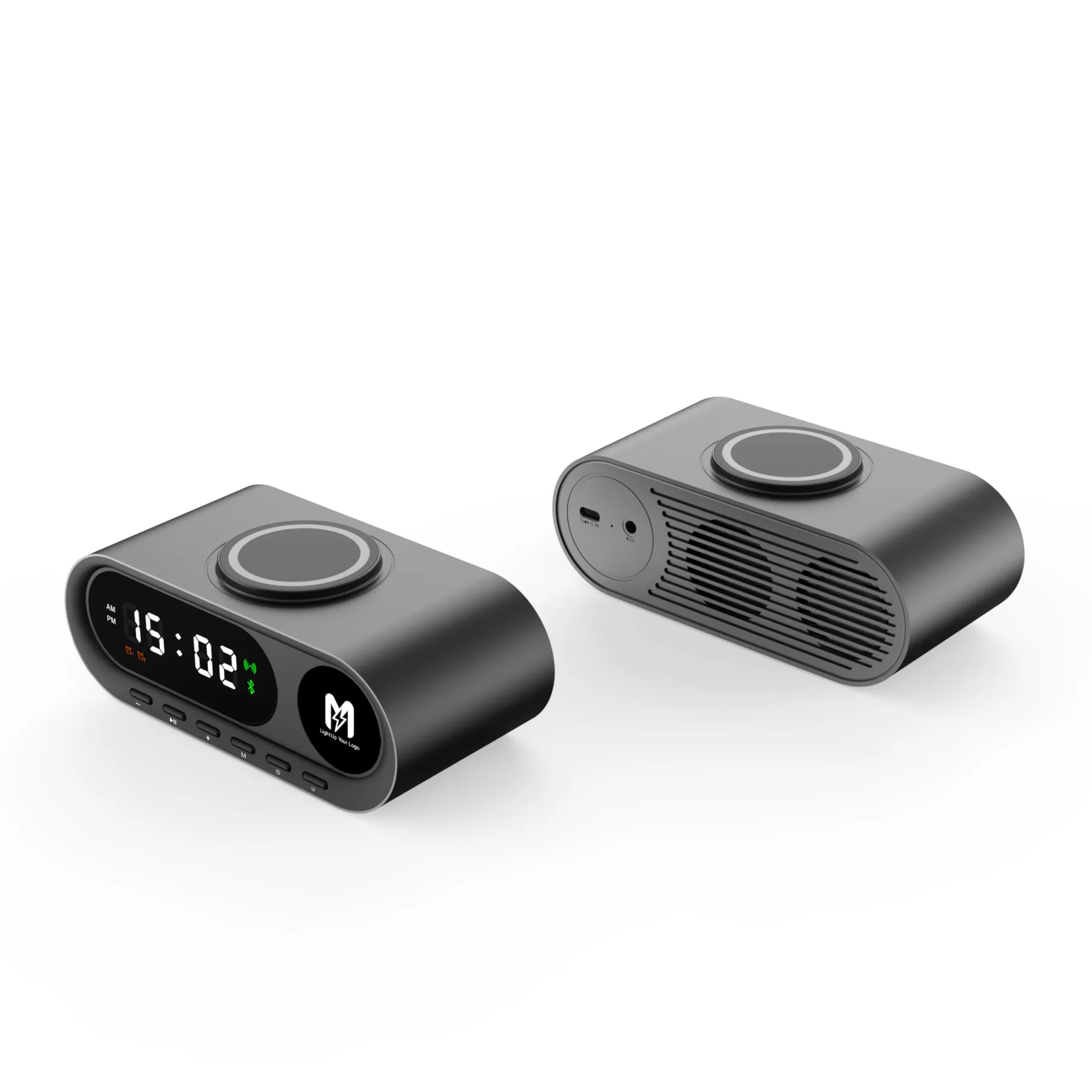 Настольные часы "Smart Hub" с bluetooth колонкой 5Вт, беспроводной (15W) зарядкой и подсветкой логотипа, черный