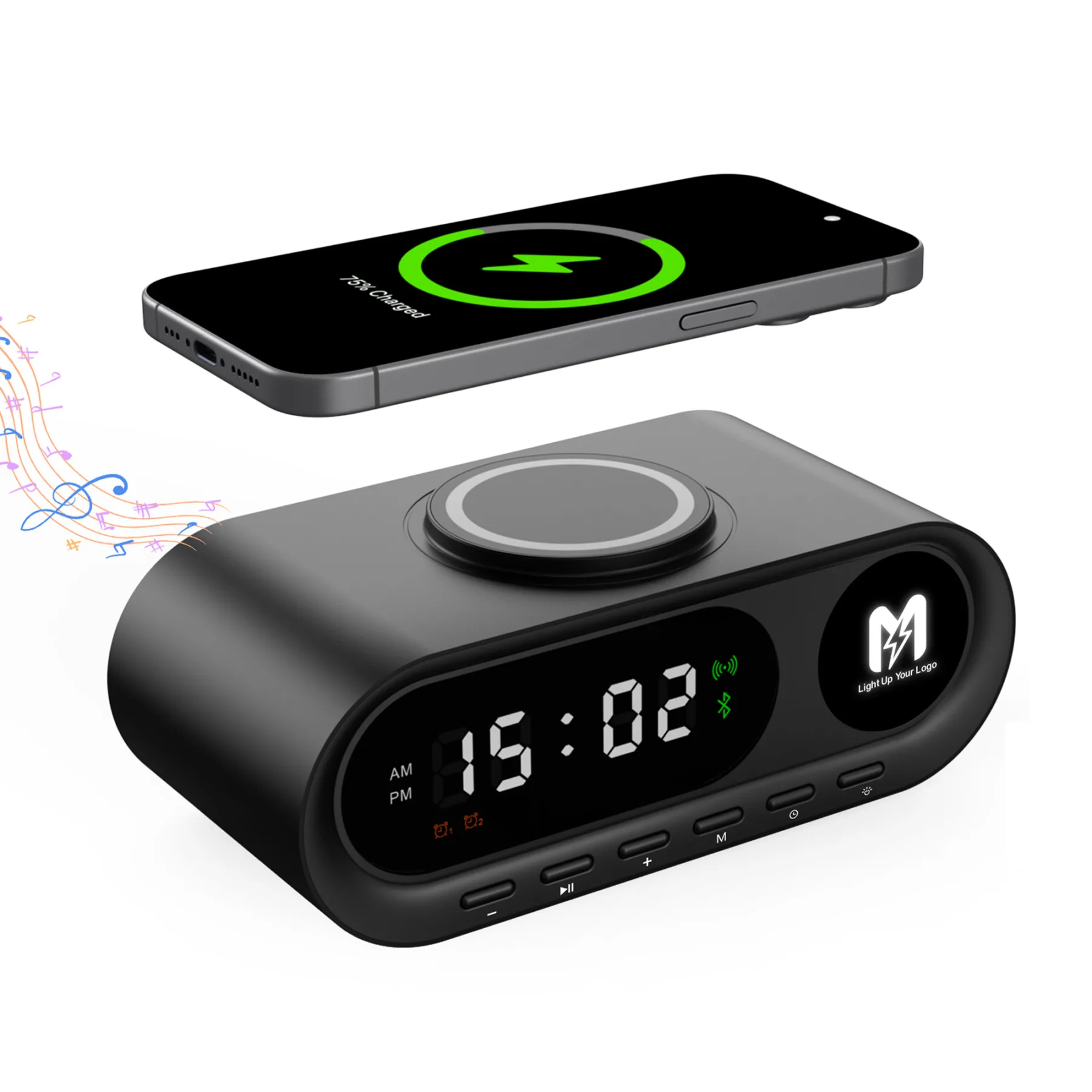 Настольные часы "Smart Hub" с bluetooth колонкой 5Вт, беспроводной (15W) зарядкой и подсветкой логотипа