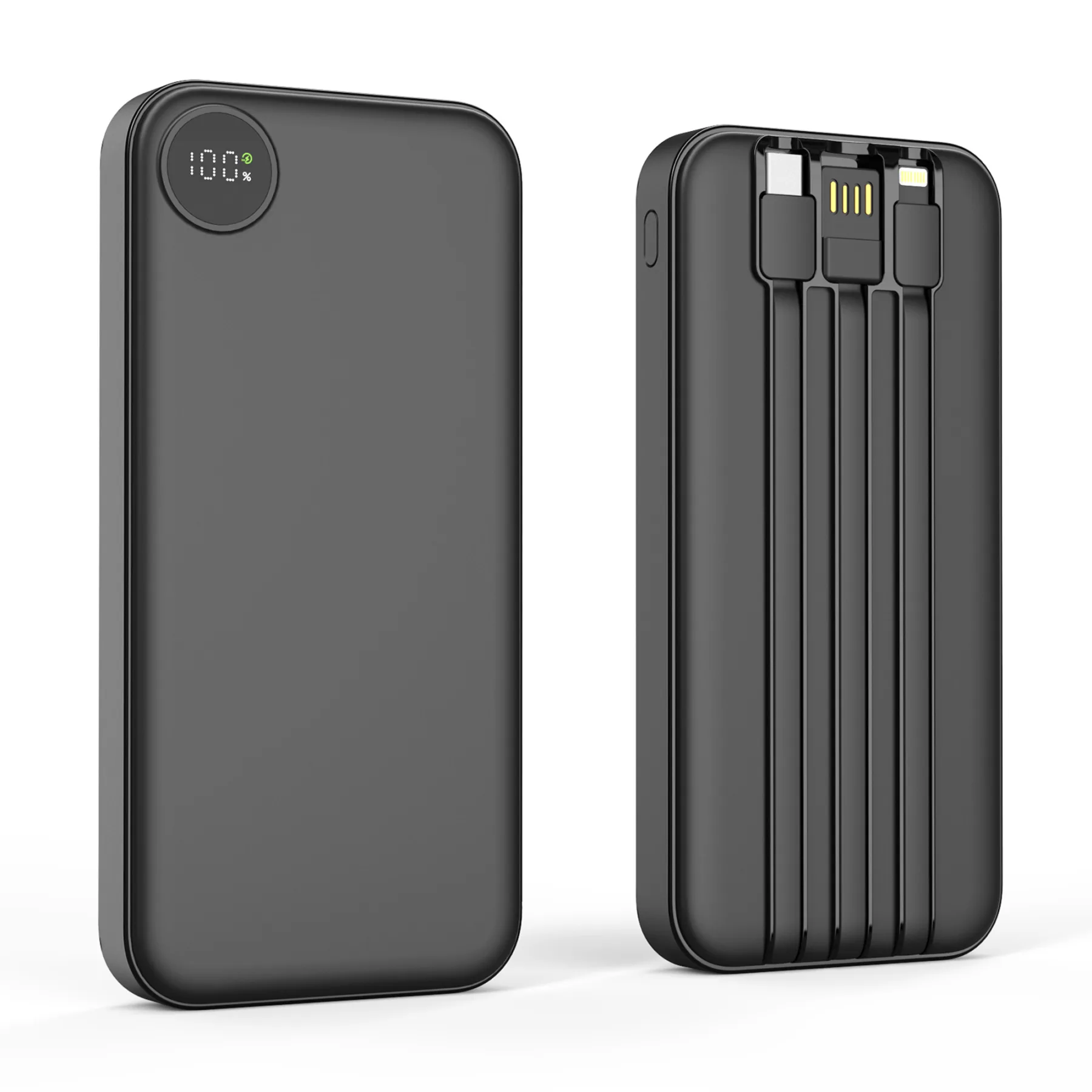 Зарядное устройство "Форт" 10000 mAh с подсветкой логотипа, встроенными кабелями и цифровым индикатором заряда, черный